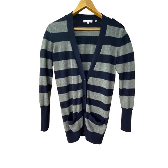 Vince cashmere striped button cardigan navy and grey EUC - Picture 1 of 7
